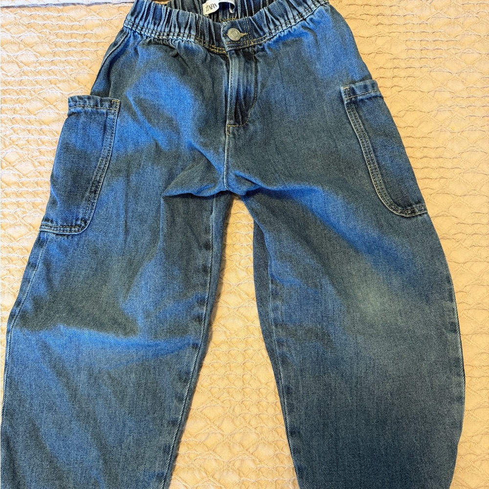 Zara Kids Medium Blue Elastic-Waist Denim Cargo Pants
